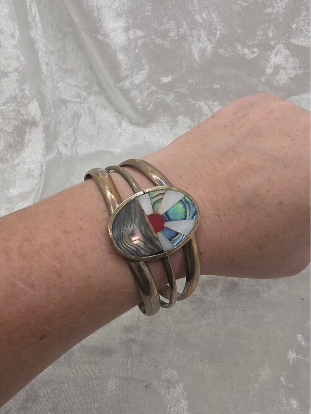 Vintage Alpaca Abalone Shell Inlay Cuff Bracelet Heavy Triple Band 5 Inch